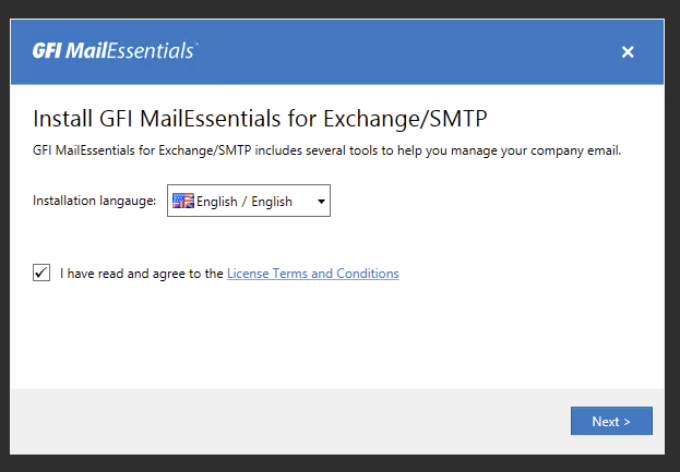 GFI MailEssentials setup screen with license terms and language selection
