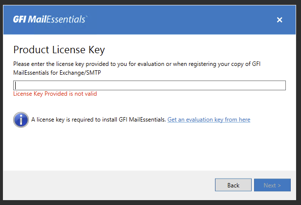 GFI MailEssentials setup screen requesting the product key