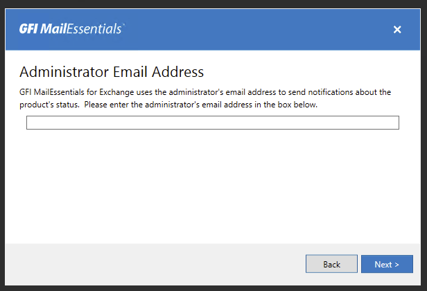 GFI MailEssentials setup screen requesting the administrator email address