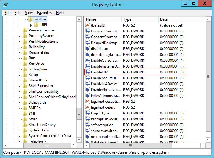 Registry Editor showing the EnableLUA UAC setting