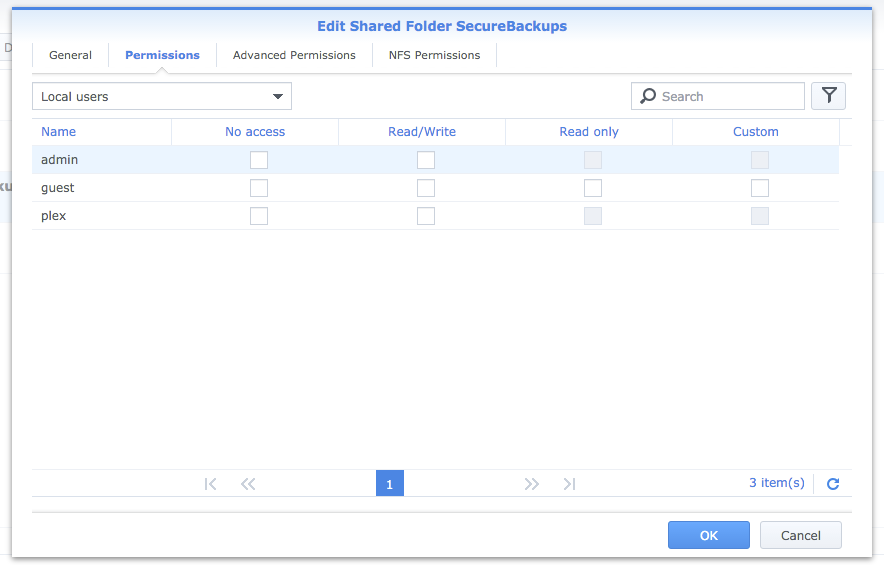 Synology shared folder permissions wizard showing available users