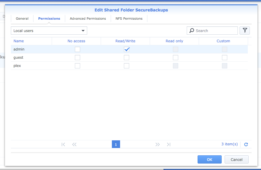 Permissions screen granting Read Write access to the admin account
