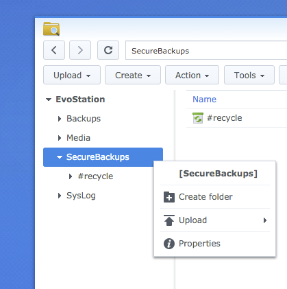 Context menu for the SecureBackups folder with Properties selected