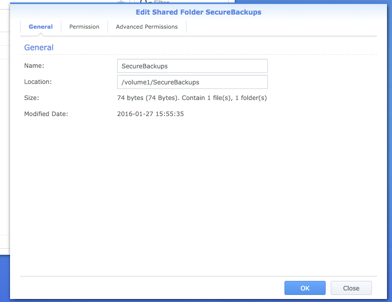 Folder properties showing the SecureBackups path on volume1