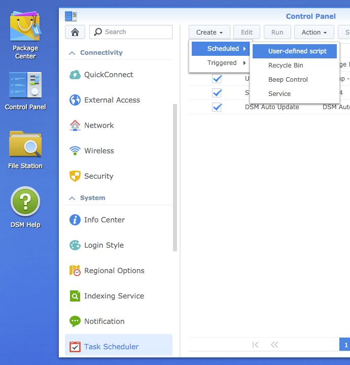 Task Scheduler window in Synology DSM