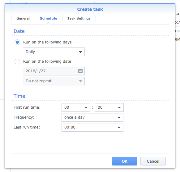 Schedule tab showing the daily backup time configuration