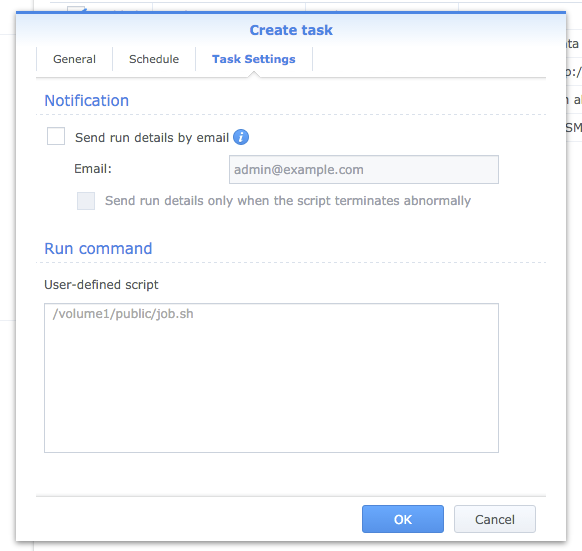 Task settings tab where the backup script is added