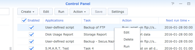 Saved Synology backup task ready to be run manually