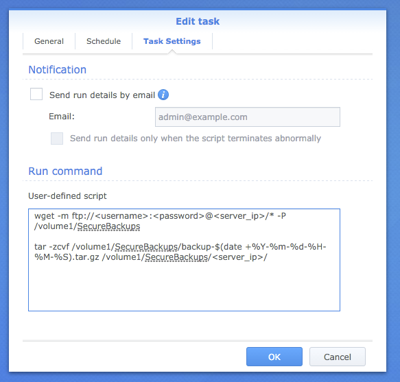 User-defined script pasted into the Synology task command box