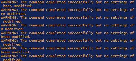 PowerShell console warnings showing the command completed successfully but no address book policy settings were modified.