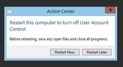 Windows restart prompt displayed after changing UAC registry settings