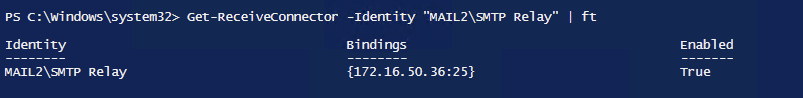 PowerShell output showing the MAIL2\\SMTP Relay receive connector bindings and that it is enabled