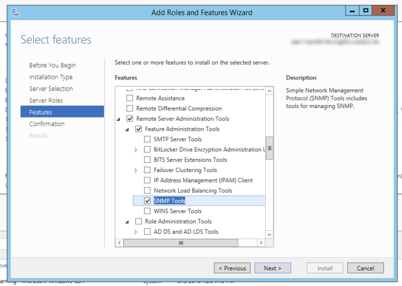 Add Roles and Features Wizard with SNMP Tools selected
