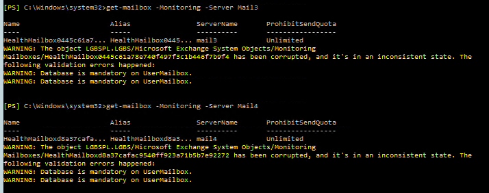 PowerShell warning showing corrupted Health Mailboxes on Mail3 and Mail4