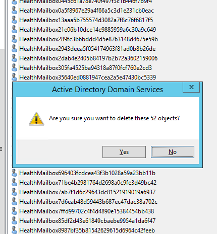 Delete confirmation for corrupted Exchange Health Mailbox objects