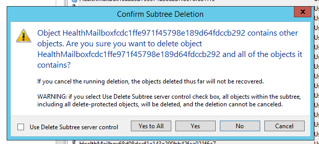 Active Directory list of Health Mailboxes selected for removal
