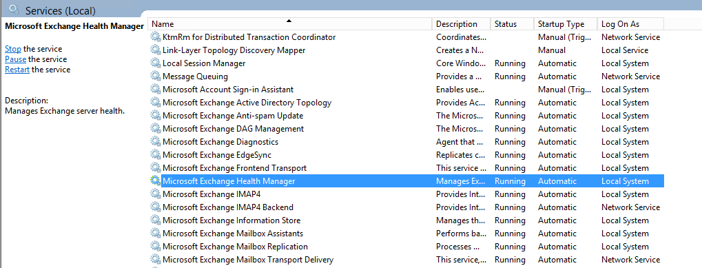 Services console with Microsoft Exchange Health Manager service selected