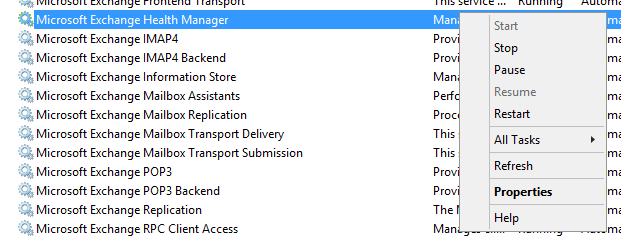 Restart option for Microsoft Exchange Health Manager in Services