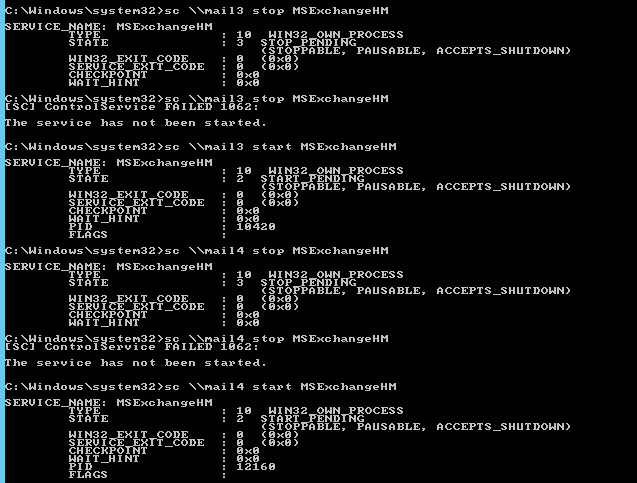 Services console used to restart Exchange Health Manager manually on a server