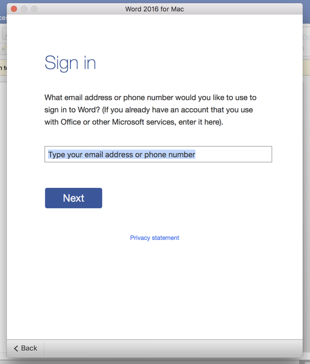 Office for Mac activation error after entering a corporate email address