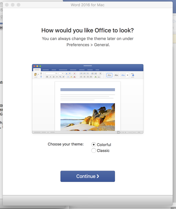 Office for Mac activated confirmation screen