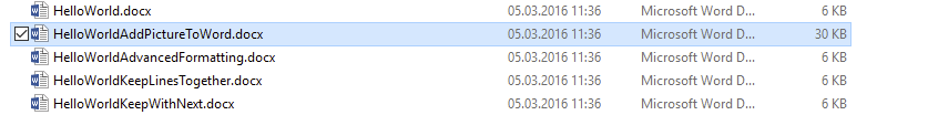 Generated HelloWorldAddPictureToWord.docx file created by the DocX example