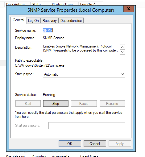 SNMP Service Properties dialog showing only General, Log On, Recovery, and Dependencies tabs