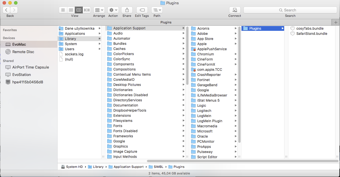 Finder window showing the SIMBL Plugins folder path