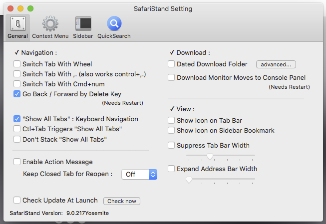 SafariStand settings with Show Icon on Tab Bar enabled