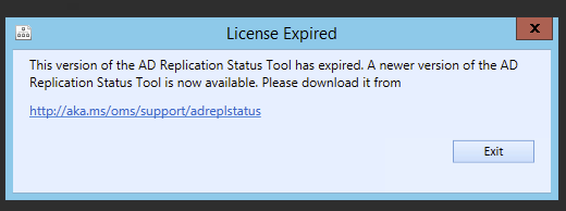 Timed-license warning in Active Directory Replication Status Tool requiring a fresh download