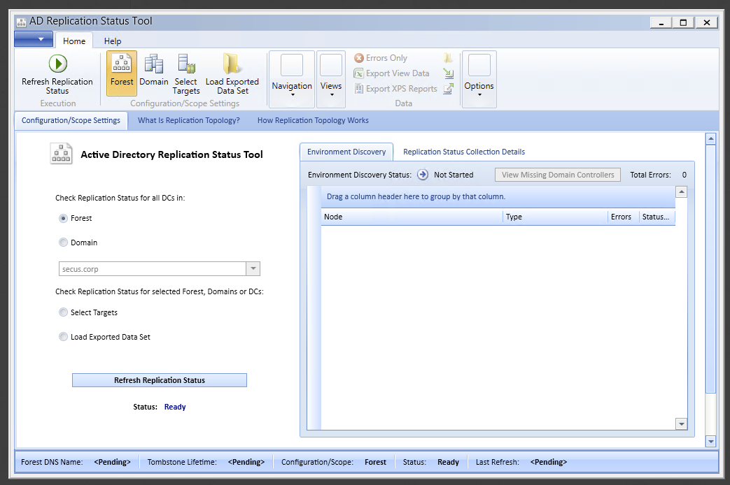 The Active Directory Replication Status Tool start screen with forest and domain selection options.