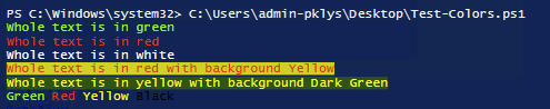 One-line Write-Host commands outputting green, red, and yellow text