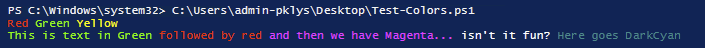 Write-Color output with green, red, magenta, white, and dark cyan text