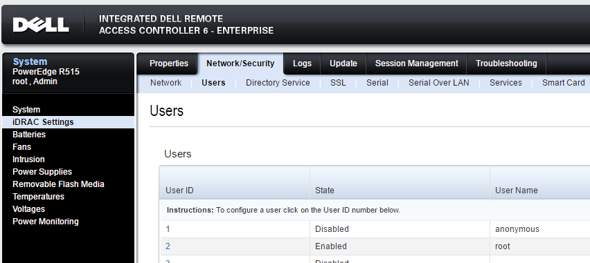Dell iDRAC 6 user list with the root account highlighted