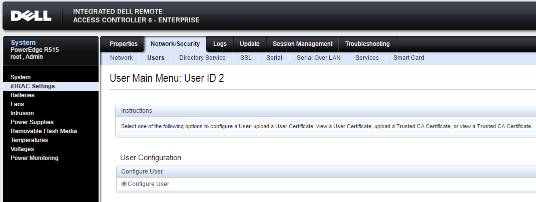 Dell iDRAC 6 user settings wizard before changing credentials