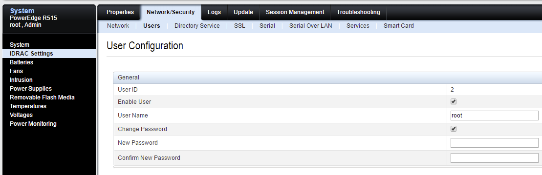 Dell iDRAC 6 change password screen for the root account