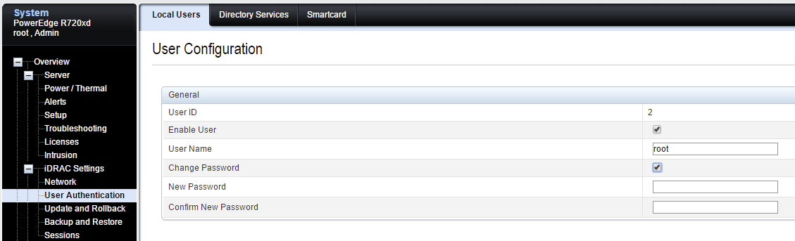 Dell iDRAC 7 user configuration page before applying a new password