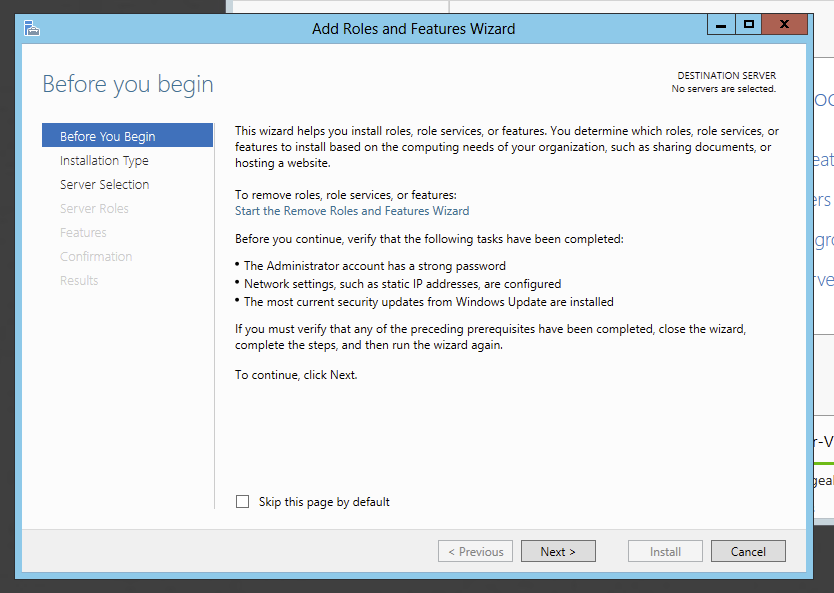 Add Roles and Features wizard on the Before You Begin page