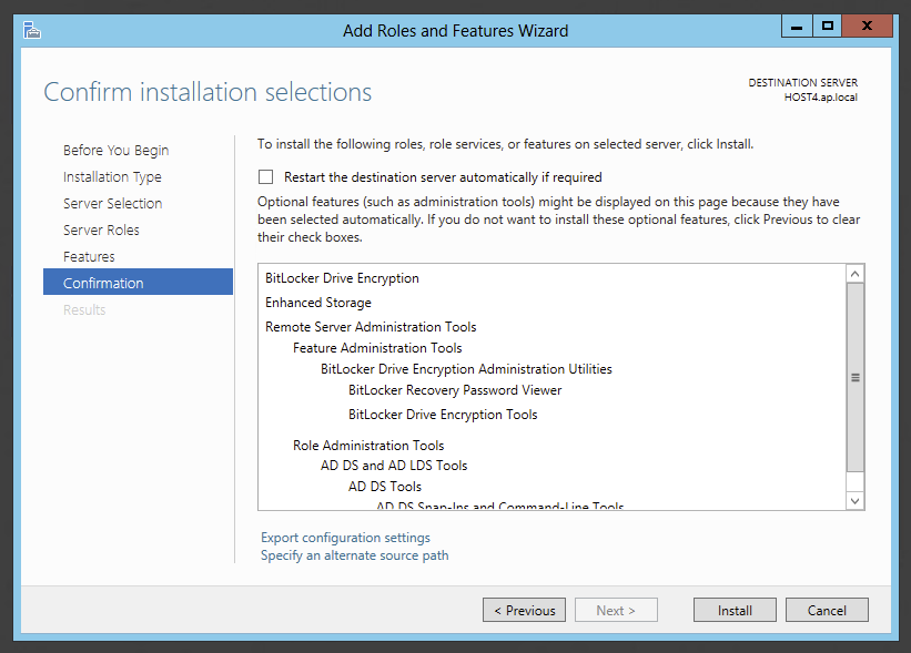 Add Roles and Features wizard confirming BitLocker management tools and related features