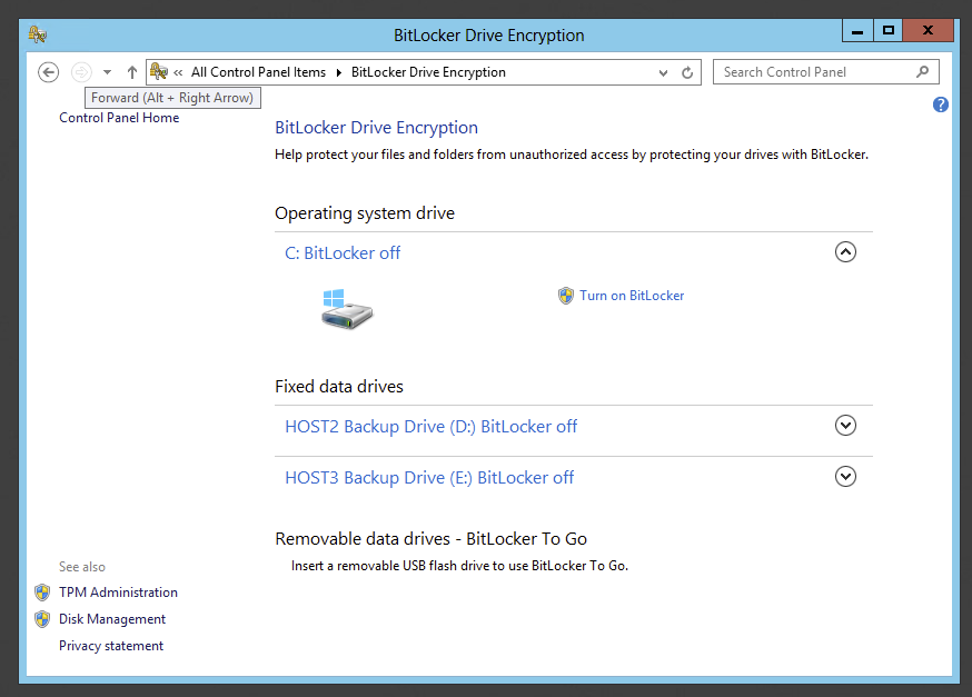 BitLocker Drive Encryption control panel showing the system drive and available data drives