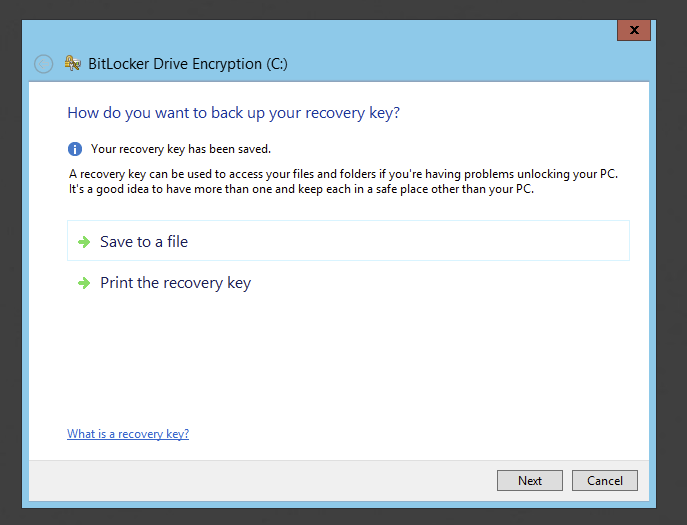 BitLocker recovery key dialog offering to save the key to a file or print it
