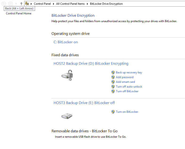 BitLocker Drive Encryption page for fixed data drives