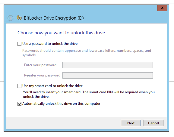 BitLocker wizard next step for the fixed data drive setup