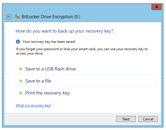 BitLocker wizard asking to save the recovery key for the data drive