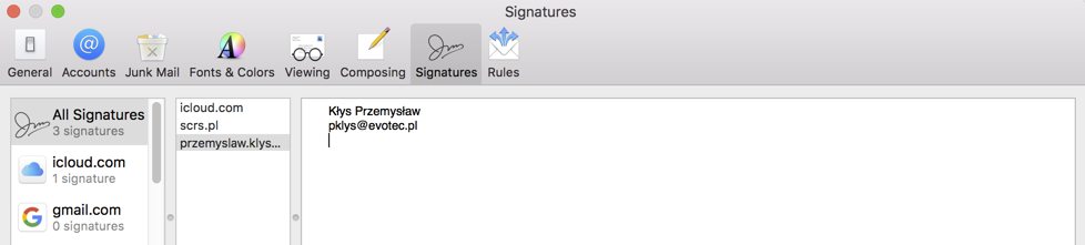 New placeholder email signature created in Mail before replacing it with HTML