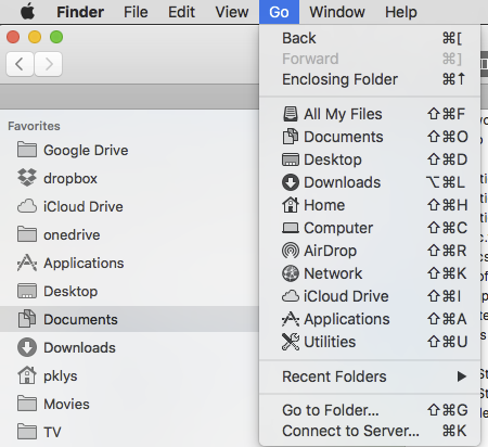 Finder Go menu in Mail setup steps for opening the hidden Library folder