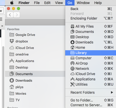 Finder Go menu showing the Library folder while the Option key is pressed