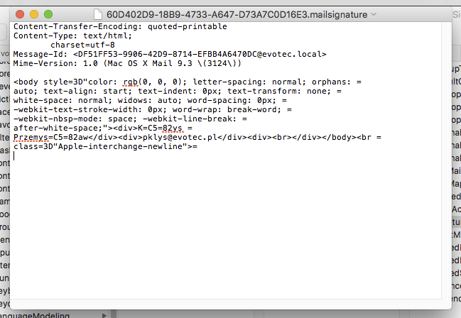 TextEdit view of a Mail signature file showing metadata and signature content