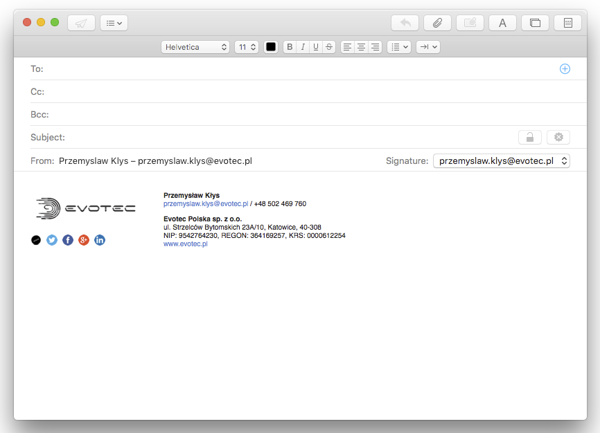 Mail app showing the imported HTML signature available in the Signatures list