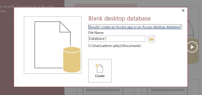 Access 2016 blank desktop database creation screen